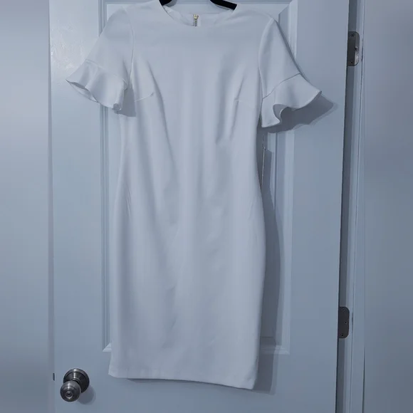 Calvin Klein White Ruffle Sleeve Sheath Dress - Size 6 - Picture 2 of 2